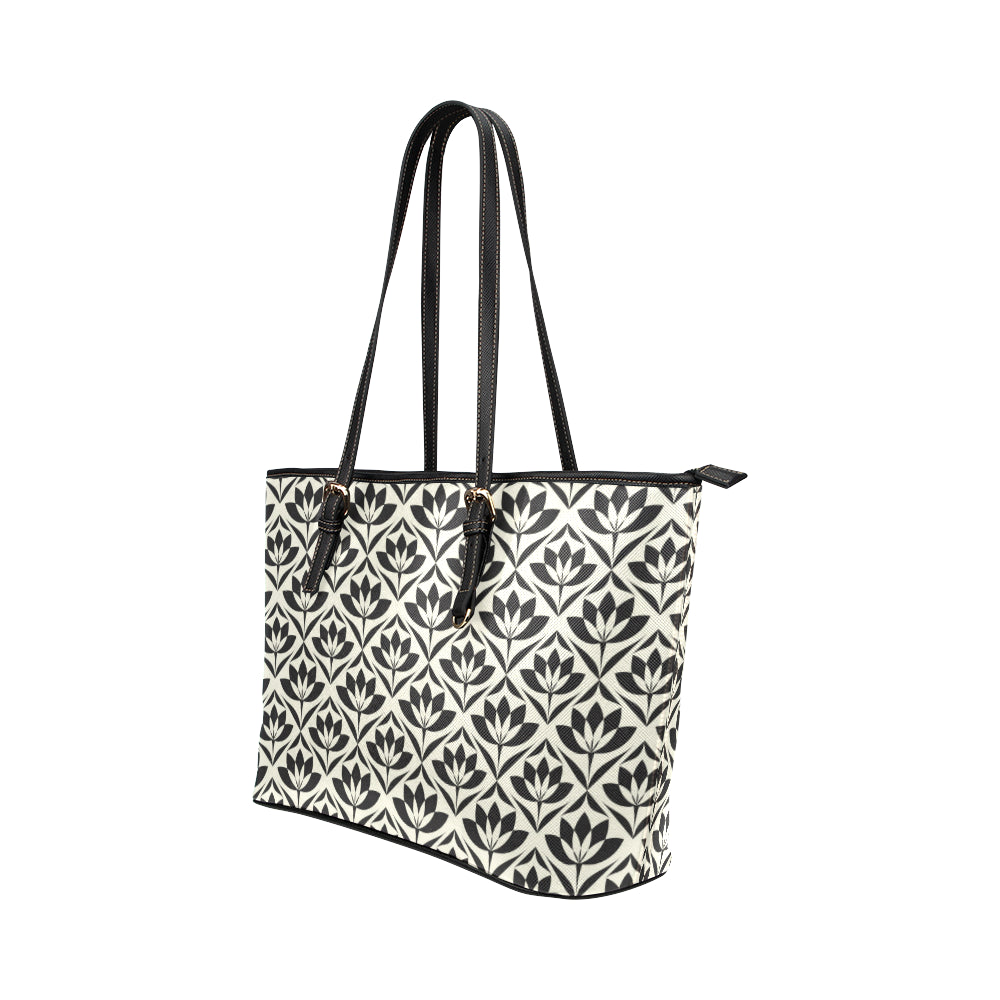 Lotus Pattern Print Leather Tote Bag