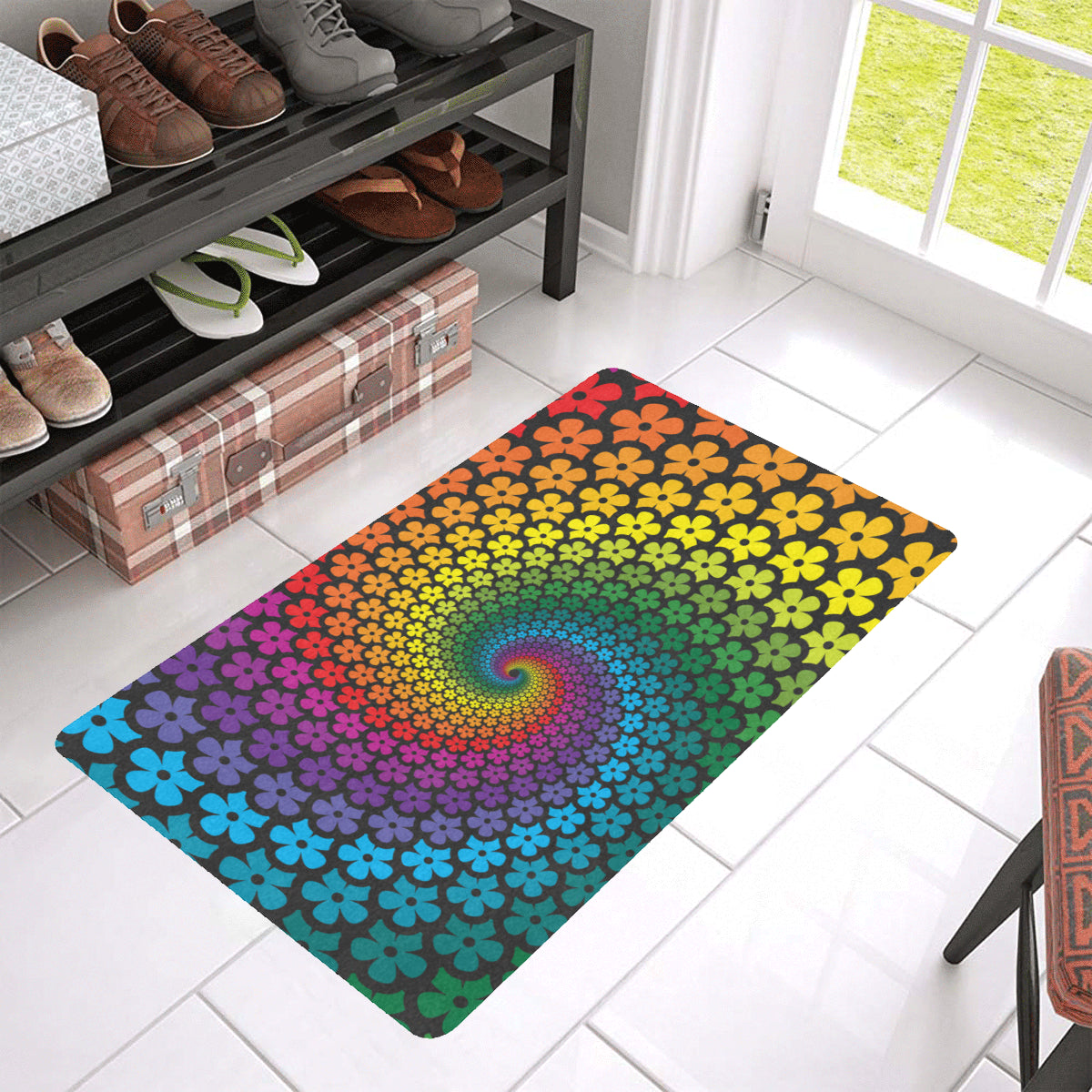 Flower Power Rainbow Spiral Print Rubber Doormat