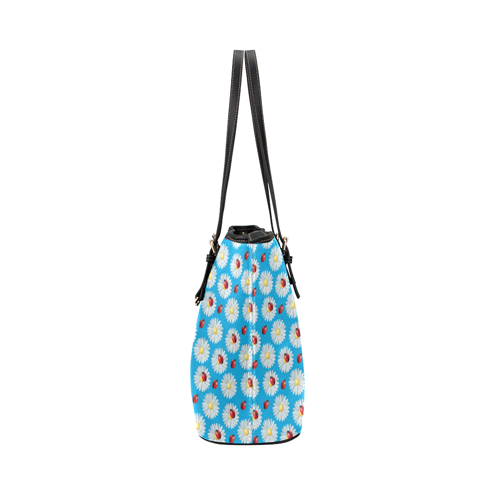Ladybug with Daisy Themed Print Pattern Leather Tote Bag