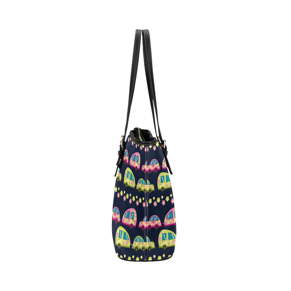 Camper Cute Camping Design No 3 Print Leather Tote Bag
