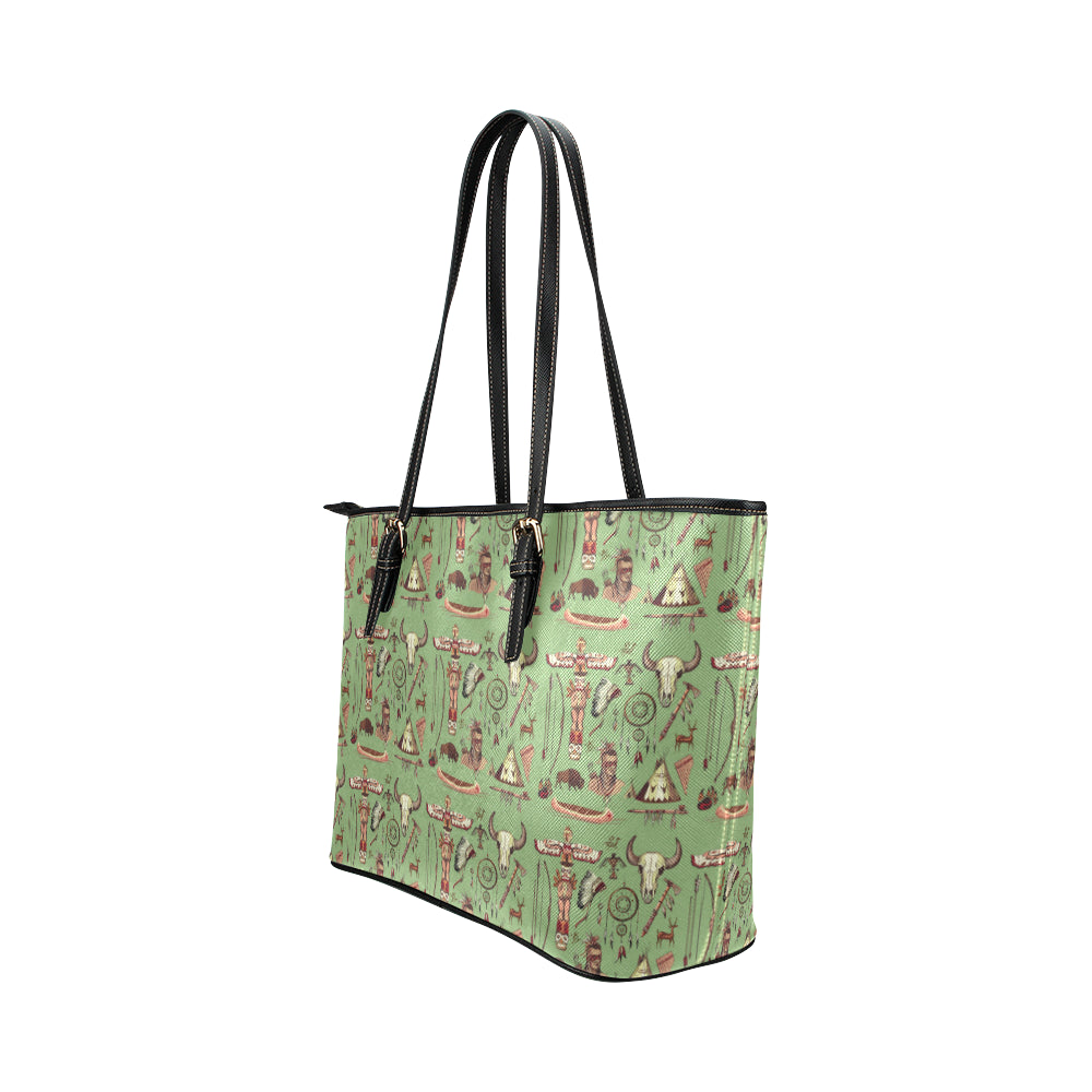 Native Indian Themed Design Print Leather Tote Bag