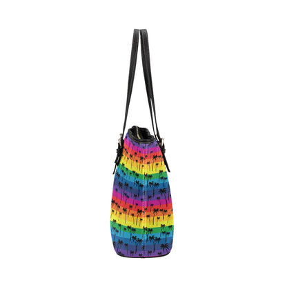 Palm Tree Rainbow Themed Print Leather Tote Bag