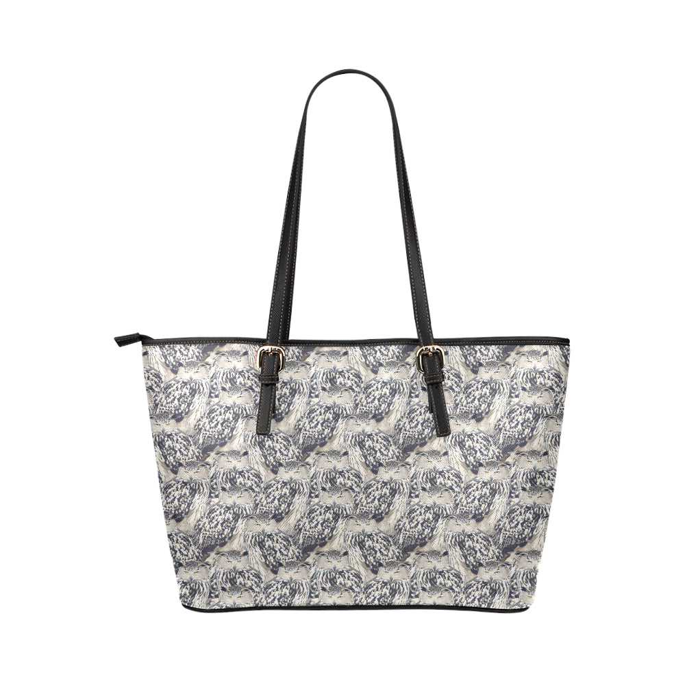Owl Realistic Themed Design Print Leather Tote Bag