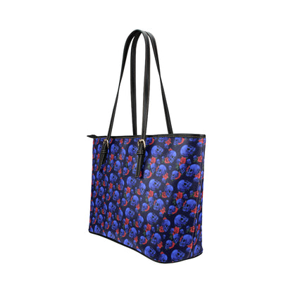 Skull Roses Neon Design Themed Print Leather Tote Bag