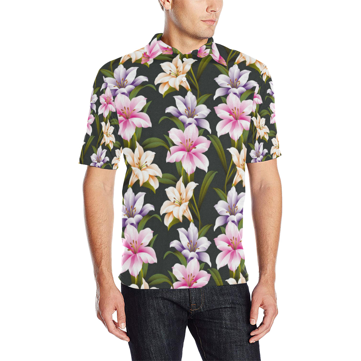 Lily Pattern Print Design LY01 Men Polo Shirt