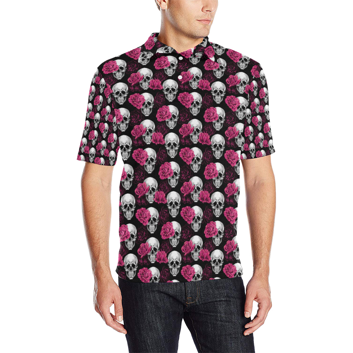 Pink Rose Skull Themed Print Men Polo Shirt
