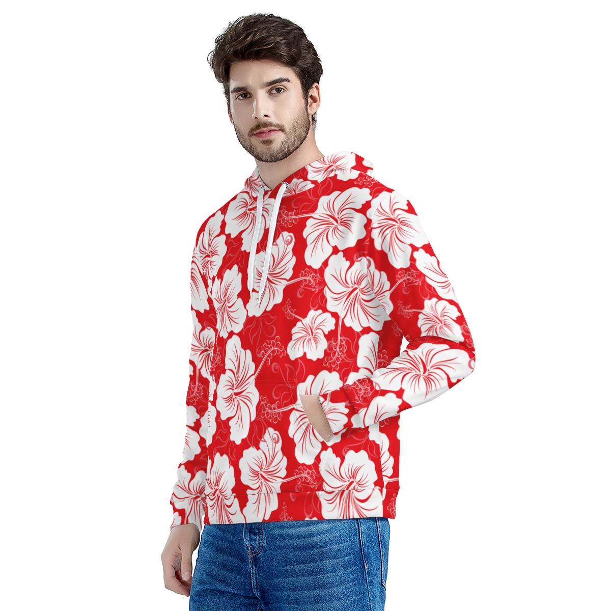 Flower Hawaiian Hibiscus Red Background Print Pullover Hoodie