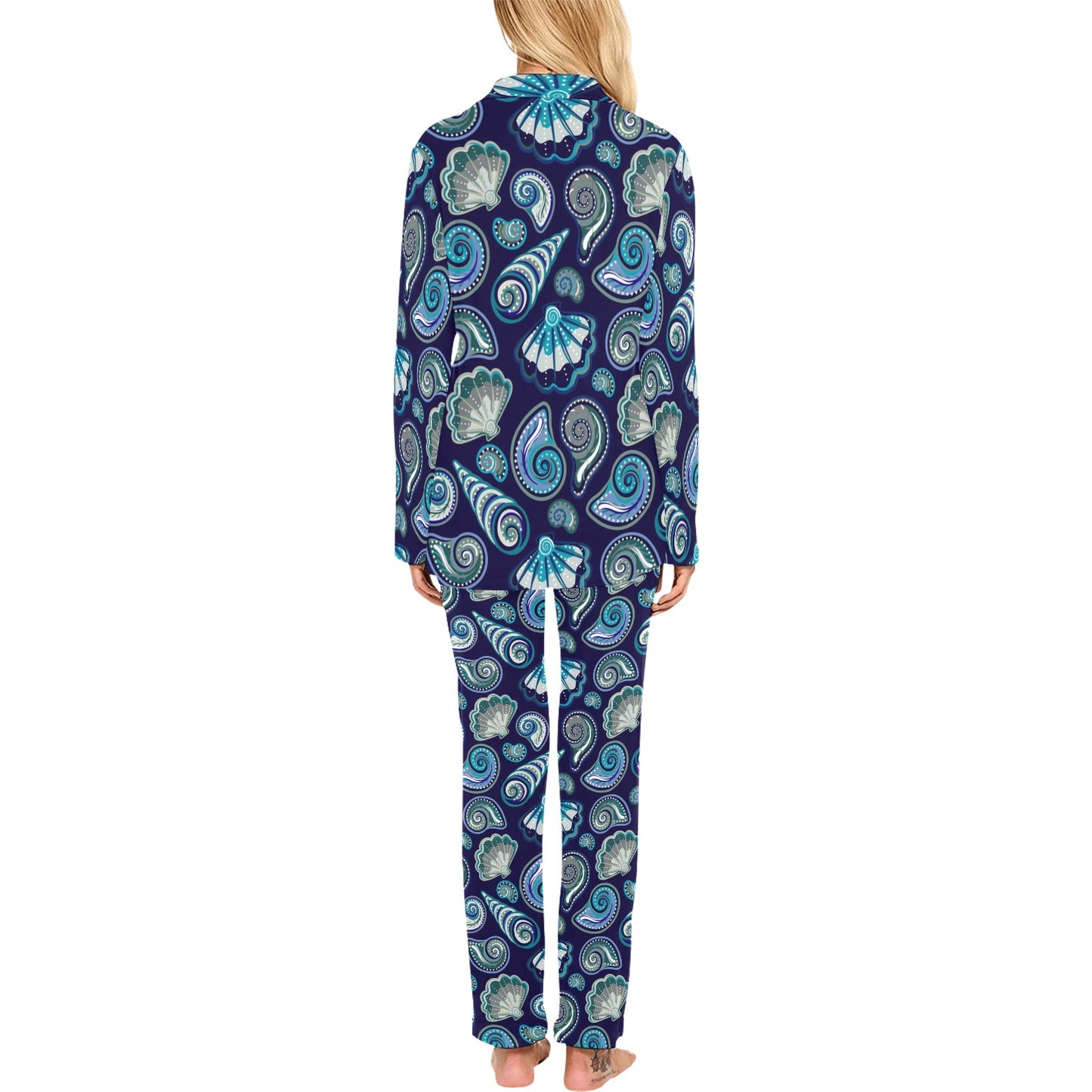 Beach Seashell Blue Print Women's Long Pajama Set