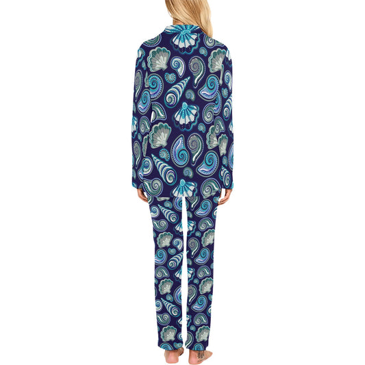 Beach Seashell Blue Print Women's Long Pajama Set