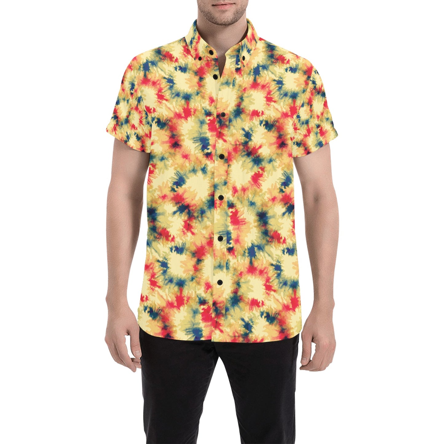 Tie Dye Print Design LKS302 Men Short Sleeve Button Up Shirt