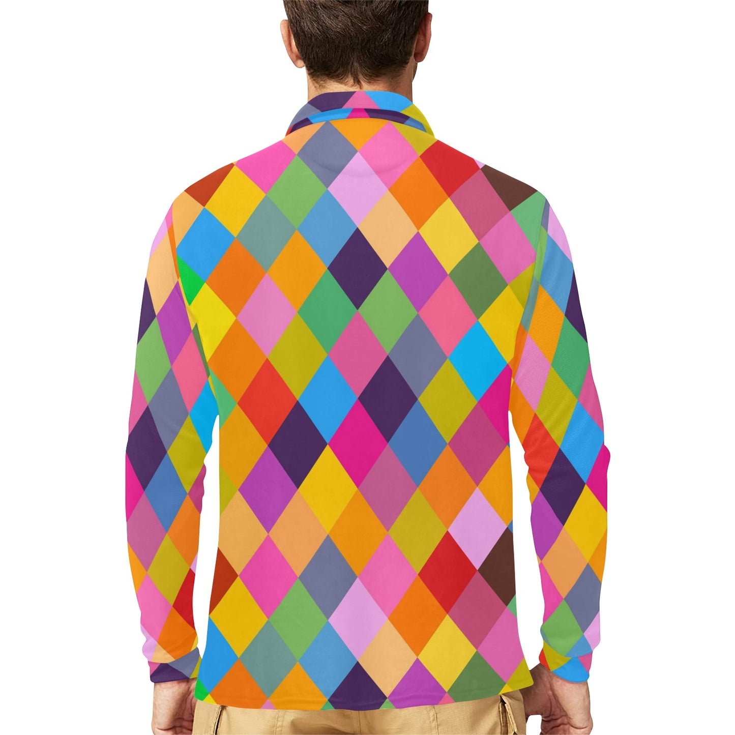 Harlequin Pattern Print Design 02 Long Sleeve Polo Shirt For Men's