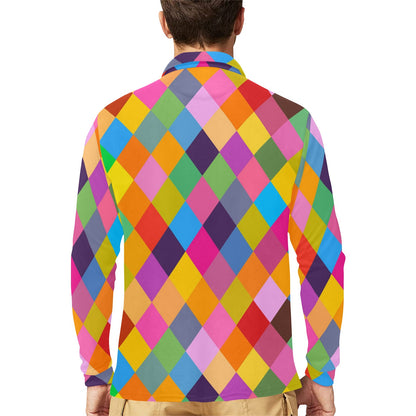 Harlequin Pattern Print Design 02 Long Sleeve Polo Shirt For Men's