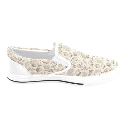 Seashell Print Design LKS304 White Slip Ons Canvas Women's Shoes