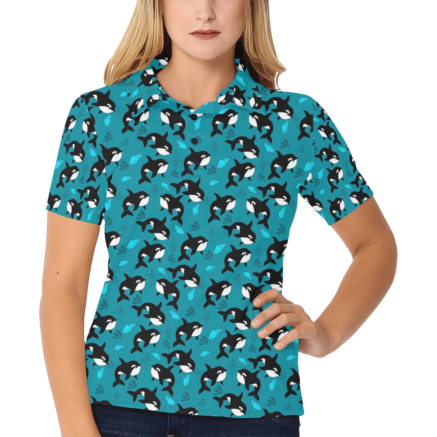 Whale Sea Design Themed Print Women's Polo Shirt