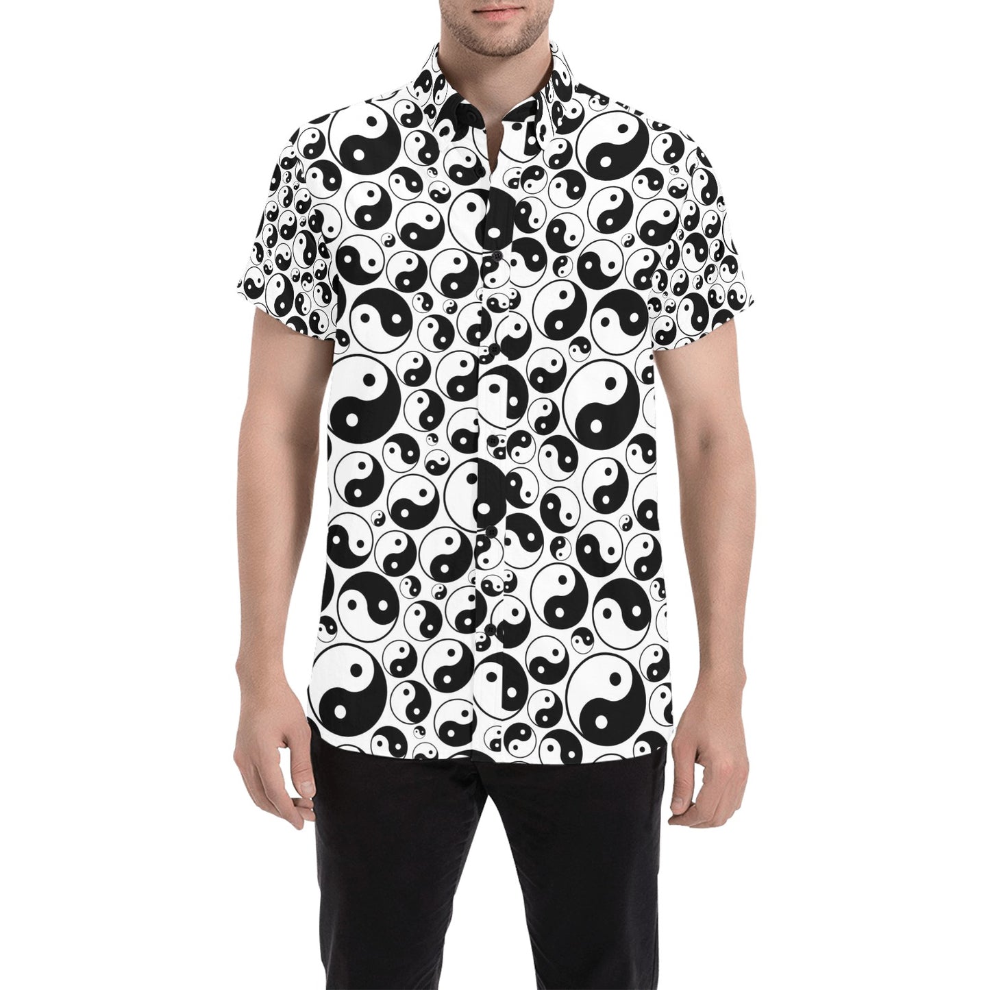Yin Yang Print Design LKS302 Men Short Sleeve Button Up Shirt