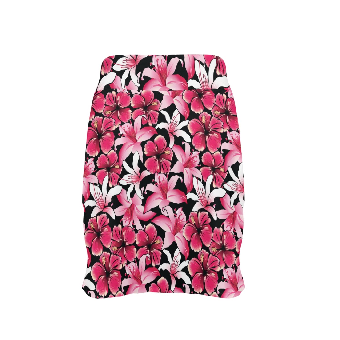 Flower Hawaiian Pink Red Hibiscus Print 17" Golf & Pickleball Skort with Pockets
