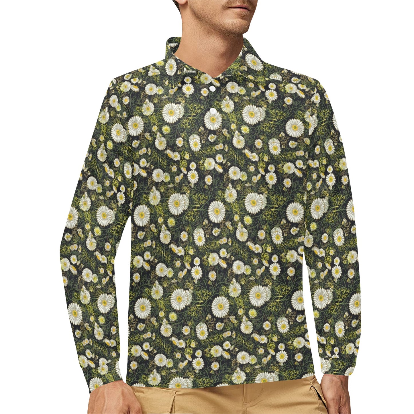 Daisy Pattern Print Design 03 Long Sleeve Polo Shirt For Men's