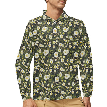 Daisy Pattern Print Design 03 Long Sleeve Polo Shirt For Men's