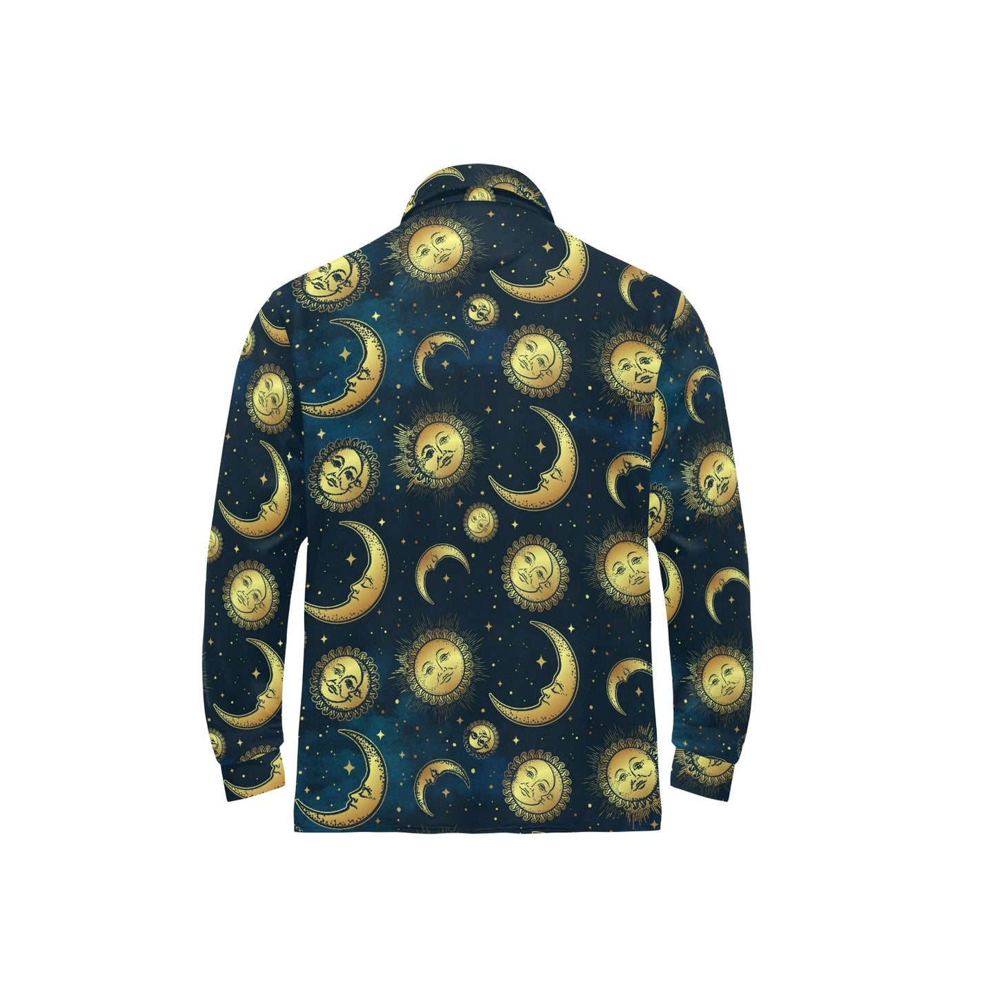 Gold Sun Moon Face Long Sleeve Polo Shirt For Men's
