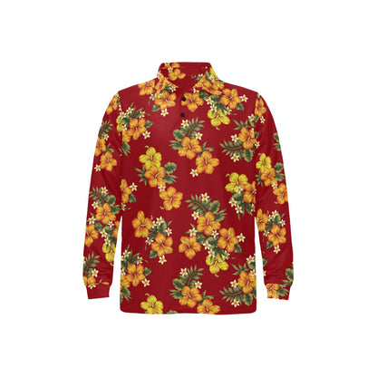 Orange Hibiscus Pattern Print Design HB026 Long Sleeve Polo Shirt For Men's