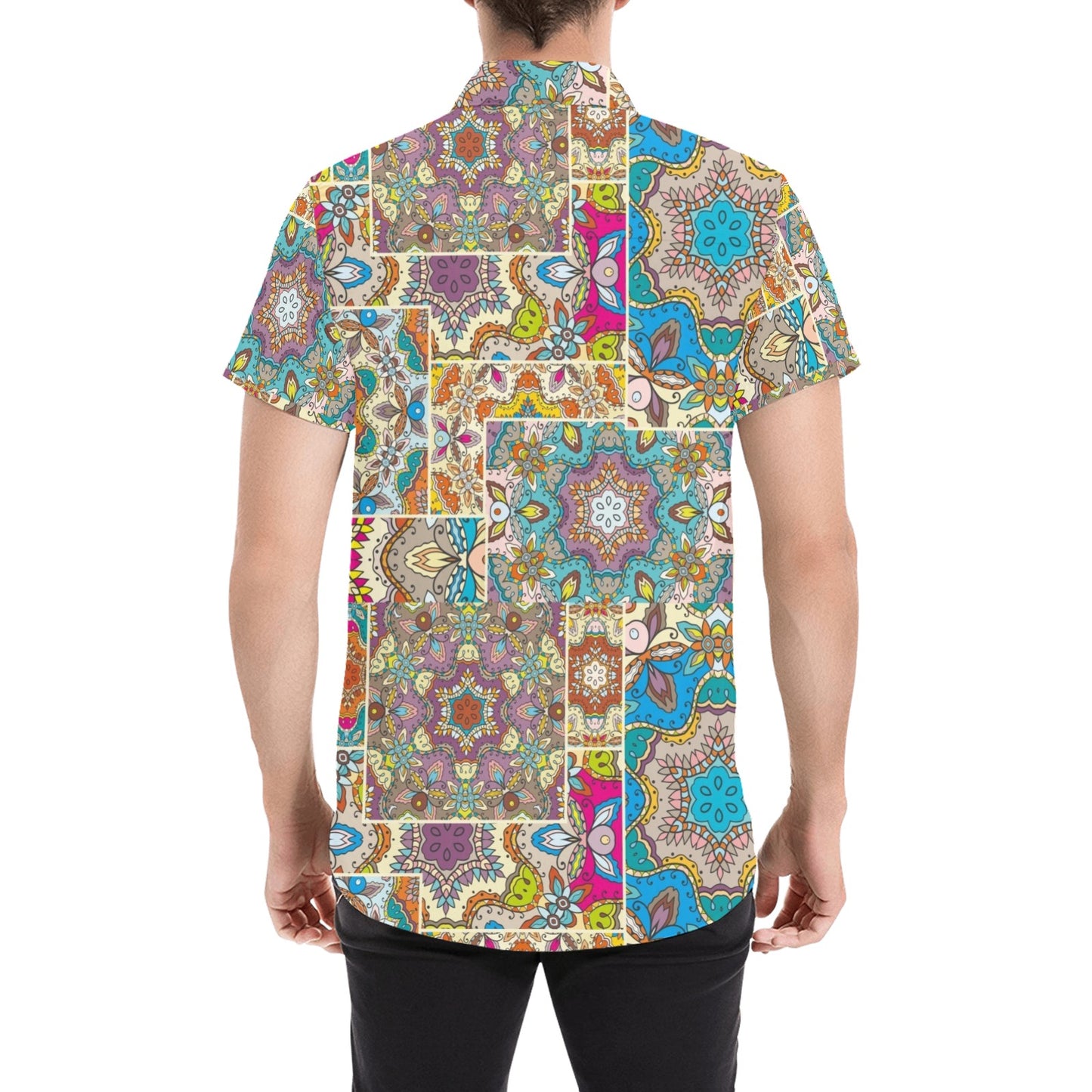 Patchwork Print Design LKS402 Men Short Sleeve Button Up Shirt