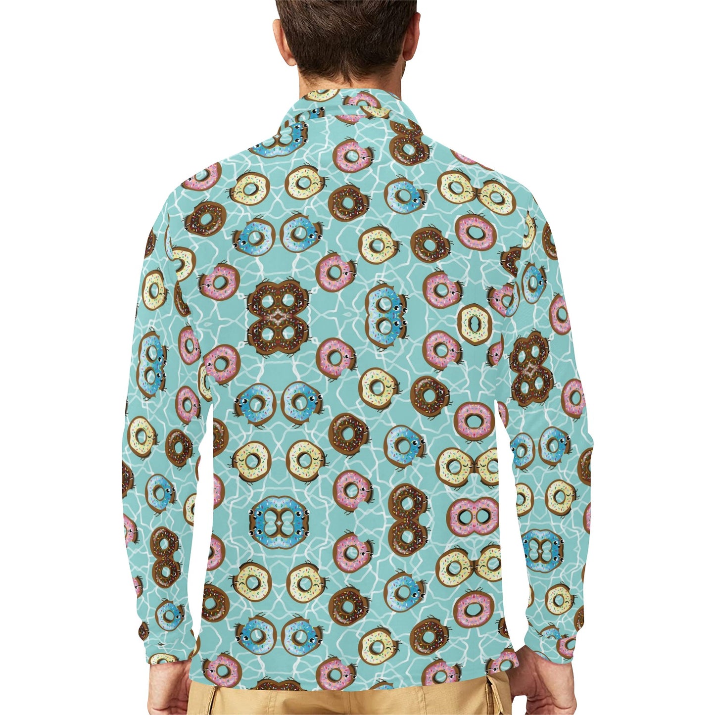 Emoji Donut Print Pattern Long Sleeve Polo Shirt For Men's