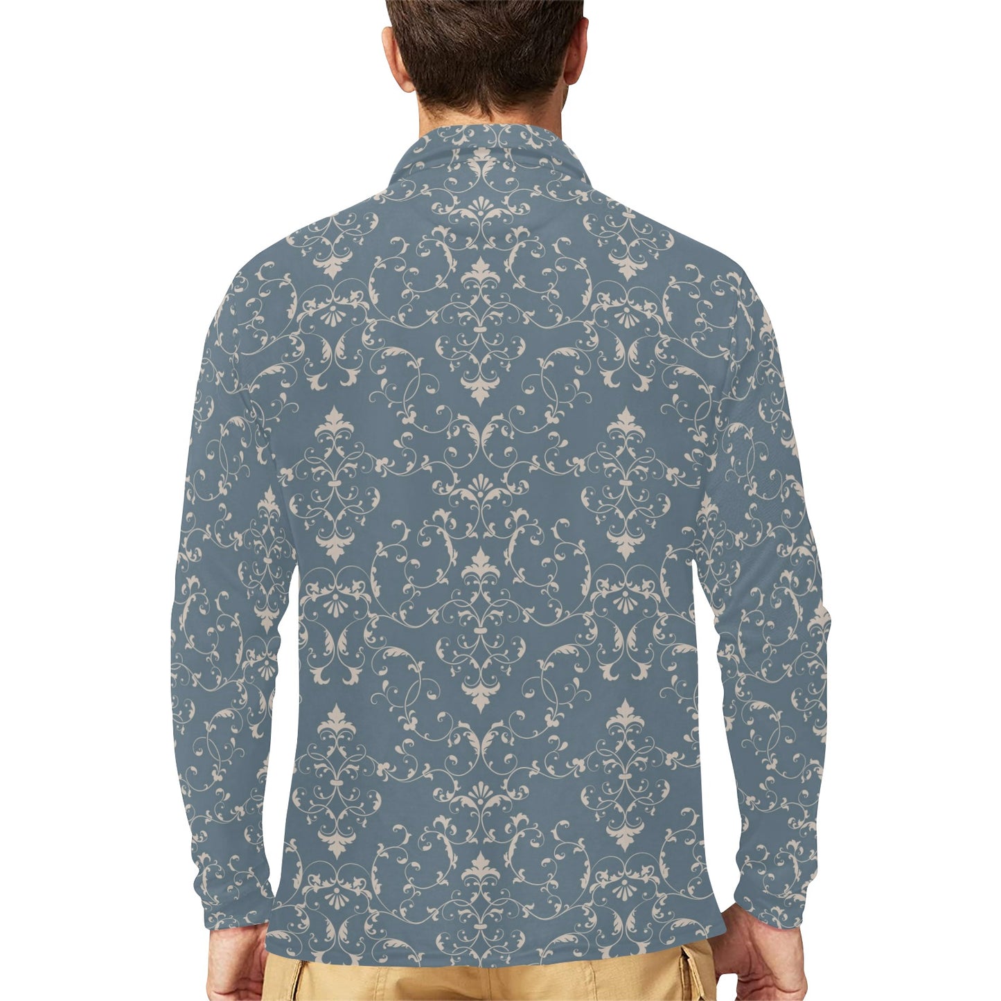 Damask Elegant Teal Print Pattern Long Sleeve Polo Shirt For Men's