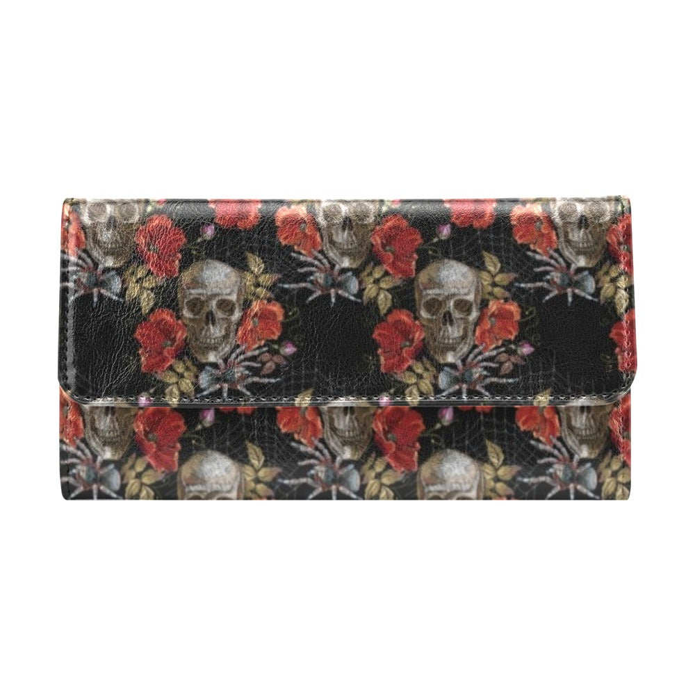 Spider Web Skull Rose Print Design LKS305 Women's Trifold Wallet