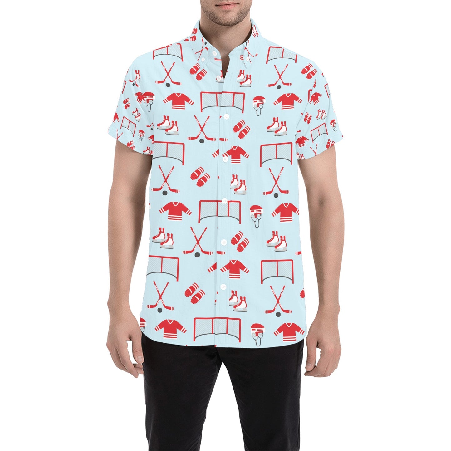 Hockey Red Equipment Print Design LKS305 Men Short Sleeve Button Up Shirt