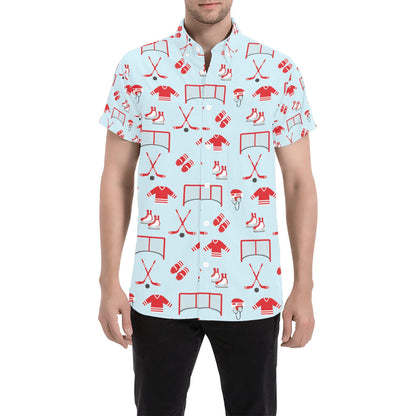 Hockey Red Equipment Print Design LKS305 Men Short Sleeve Button Up Shirt