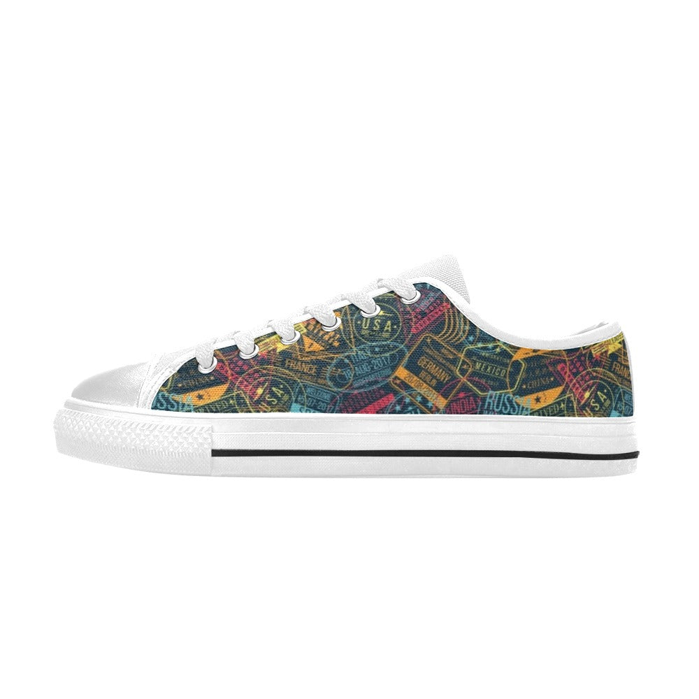 Travel Stamp Colorful Print Design LKS304 Women's White Low Top Shoes