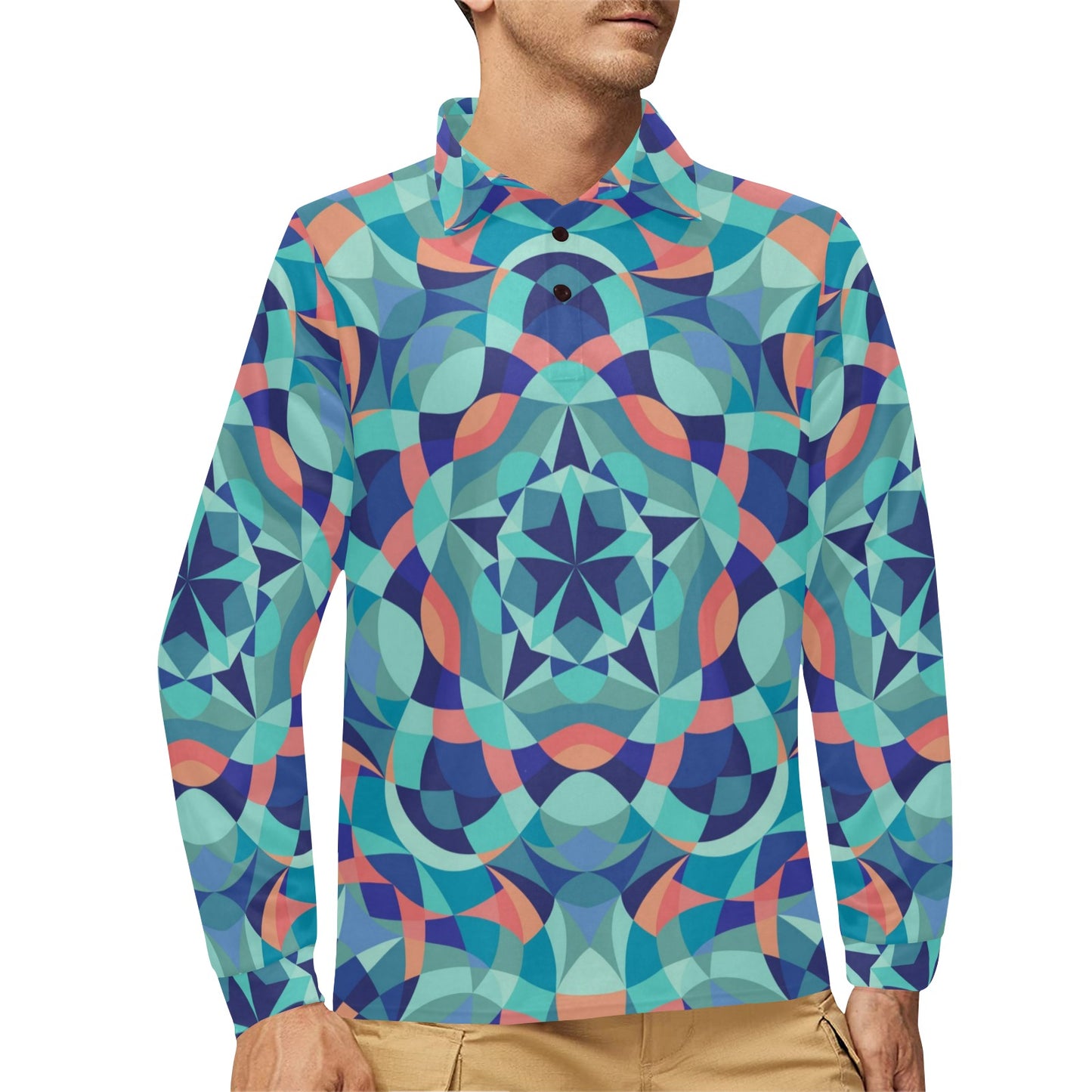 Kaleidoscope Pattern Print Design 03 Long Sleeve Polo Shirt For Men's