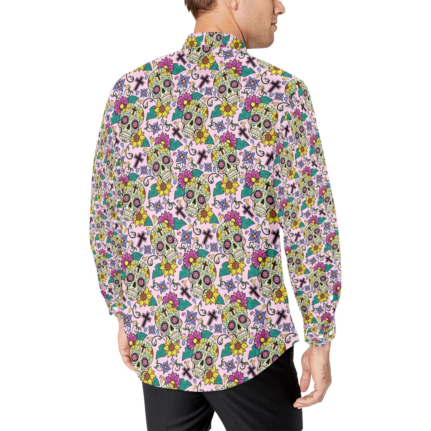 Sugar Skull Print Design LKS307 Men's Long Sleeve Dress Shirt