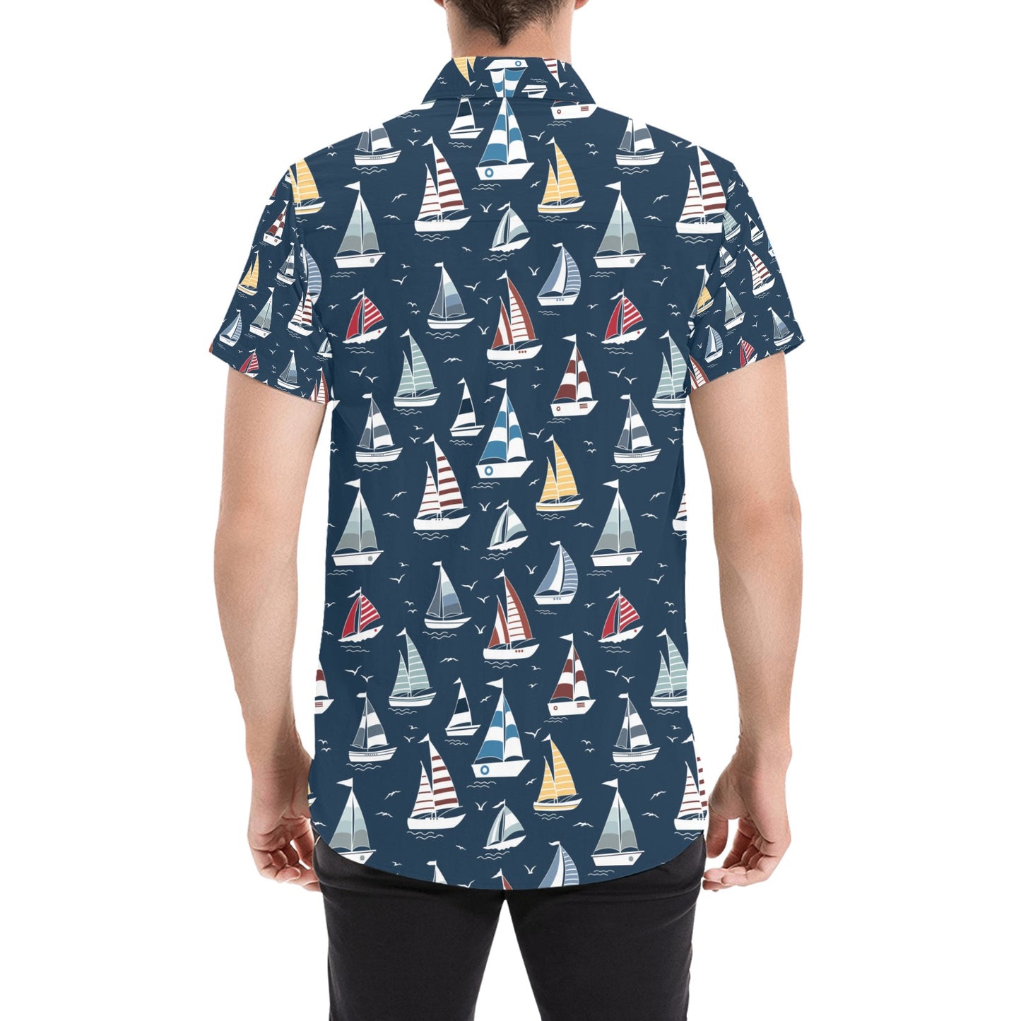 Sailboat Print Design LKS306 Men Short Sleeve Button Up Shirt