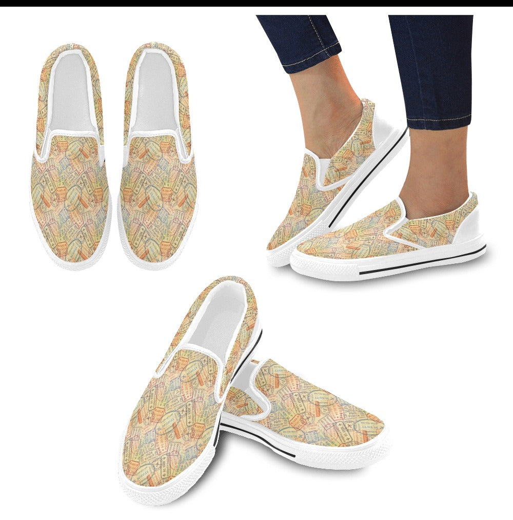 Travel Stamp Print Design LKS302 White Slip Ons Canvas Women's Shoes