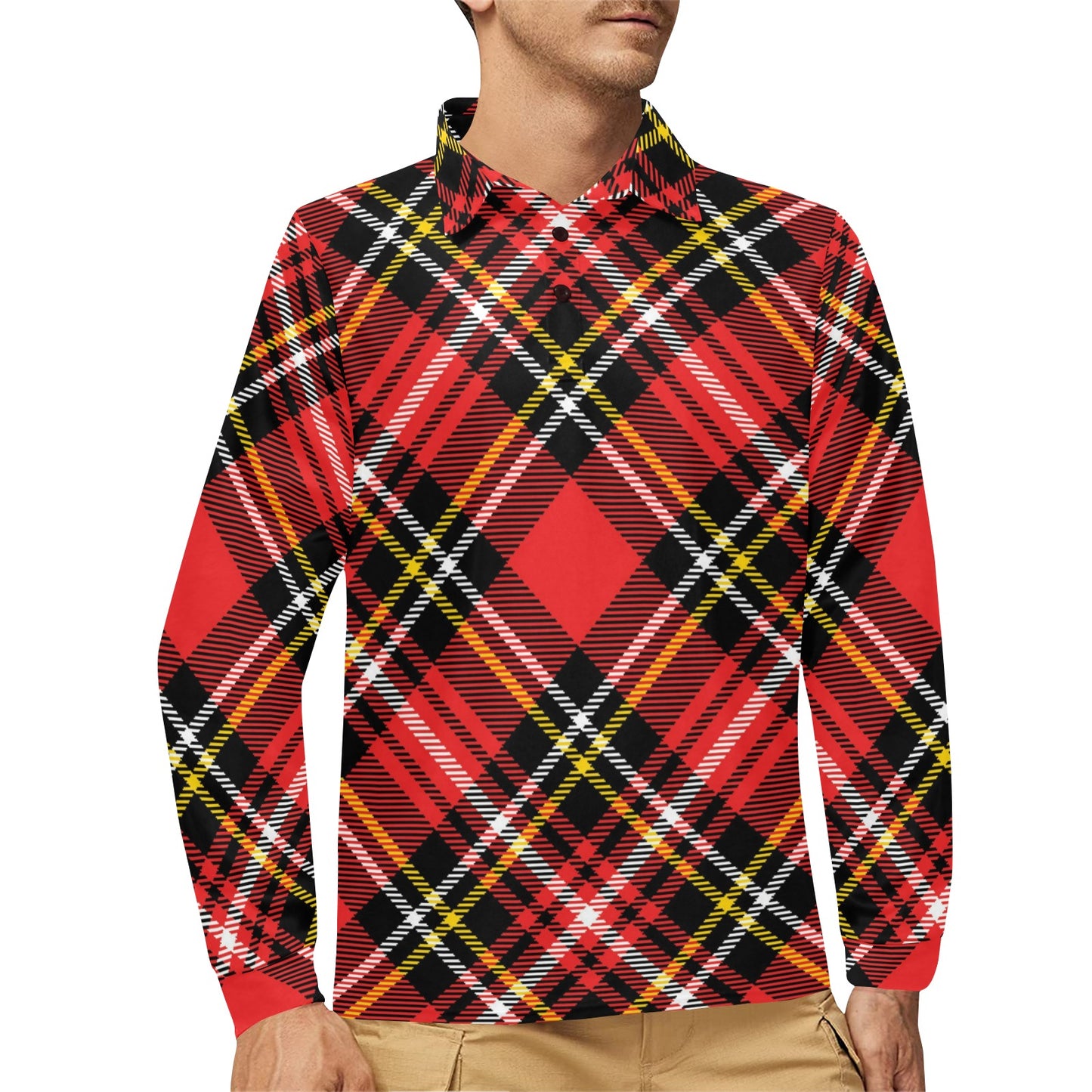 Plaid Red Pattern Print Design A03 Long Sleeve Polo Shirt For Men's