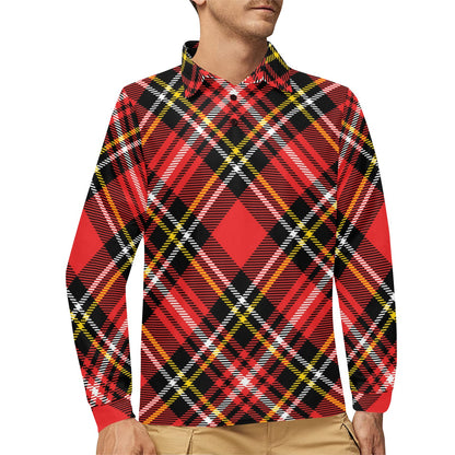 Plaid Red Pattern Print Design A03 Long Sleeve Polo Shirt For Men's