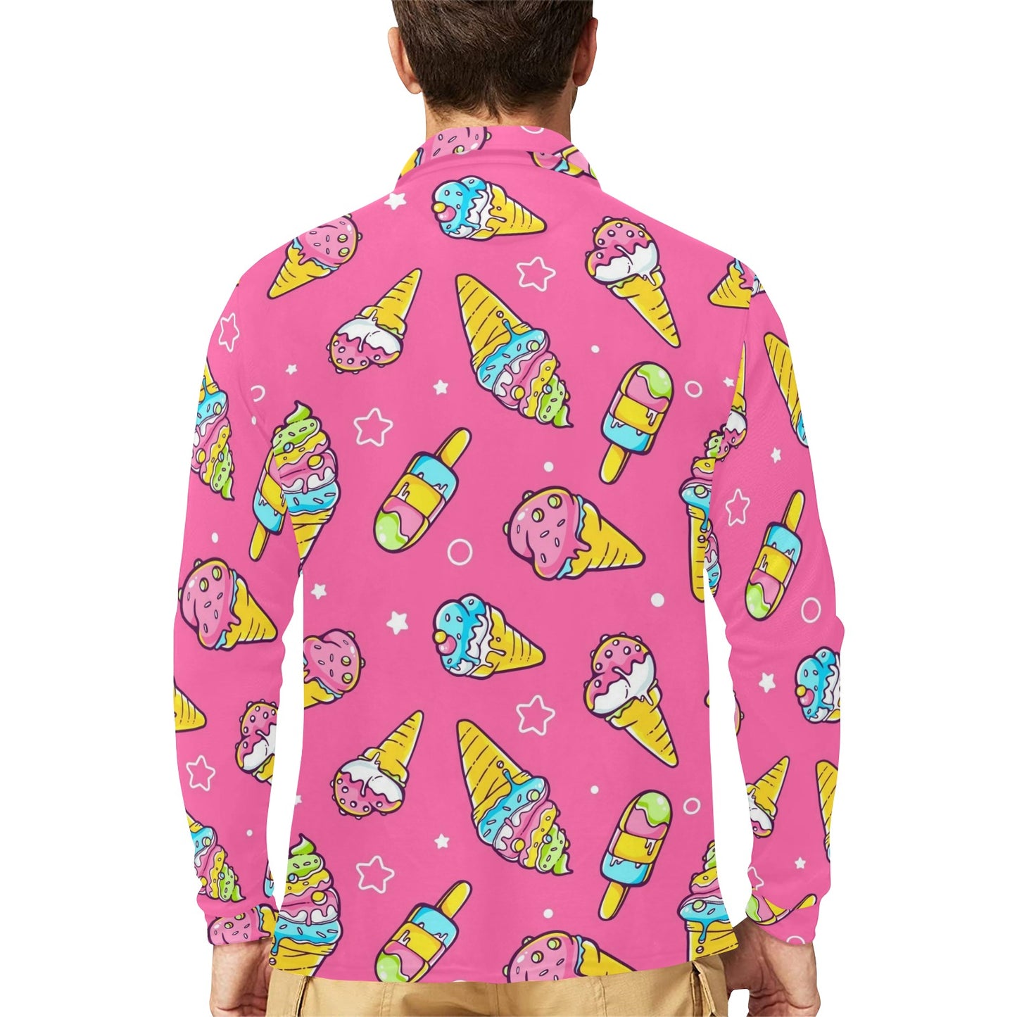 Ice Cream Pattern Print Design IC04 Long Sleeve Polo Shirt For Men's