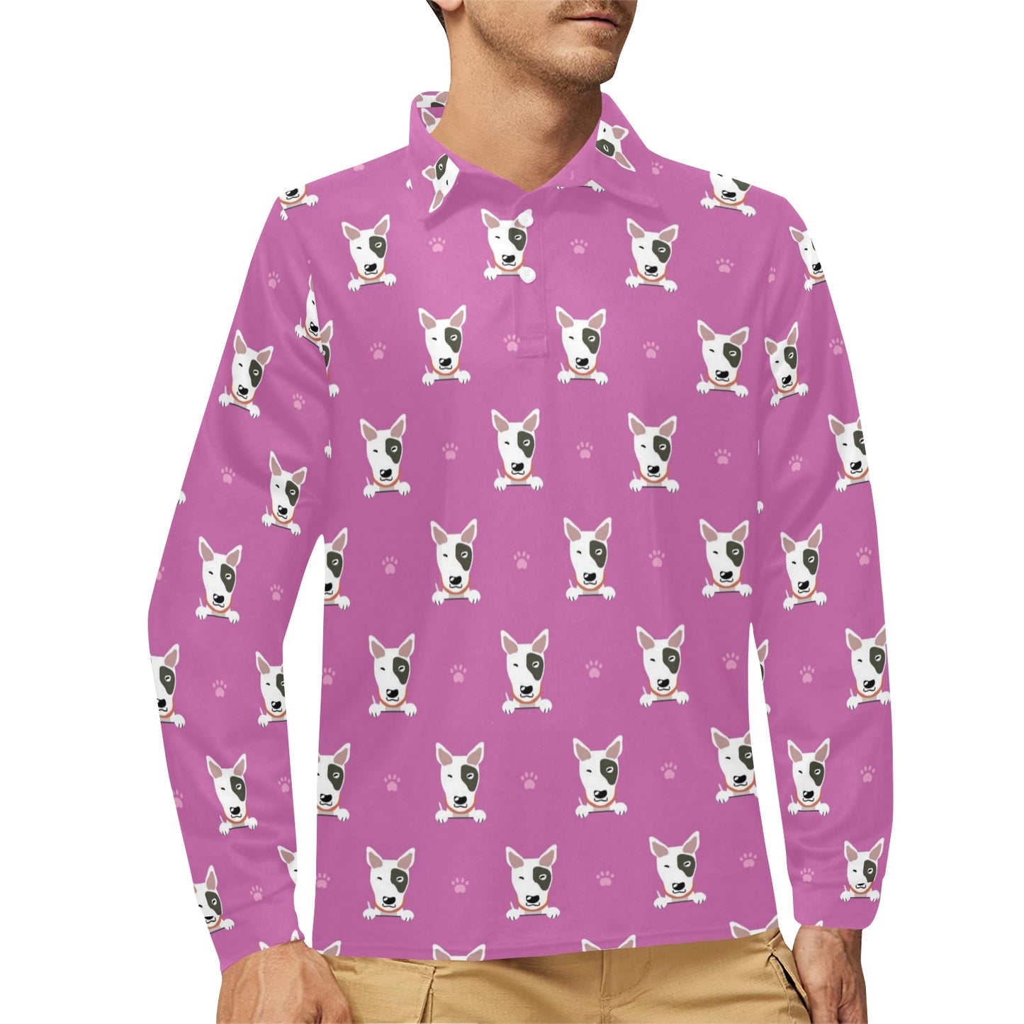 Bull Terrier Happy Print Pattern Long Sleeve Polo Shirt For Men's