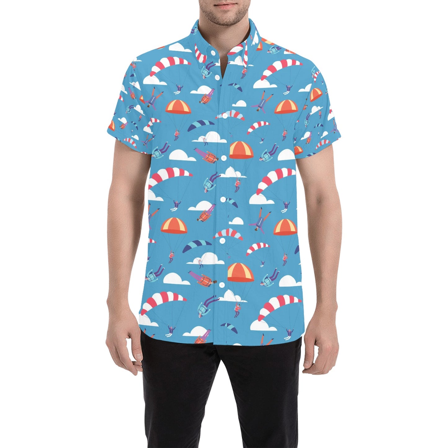 Skydiver Print Design LKS306 Men Short Sleeve Button Up Shirt