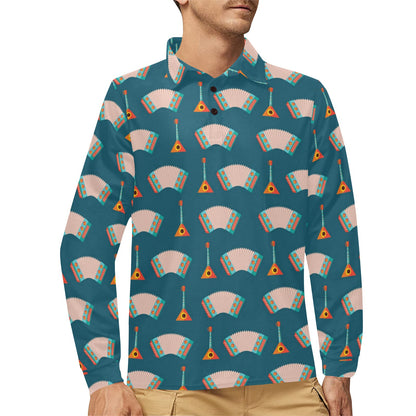 Accordion Print Design LKS402 Long Sleeve Polo Shirt For Men's