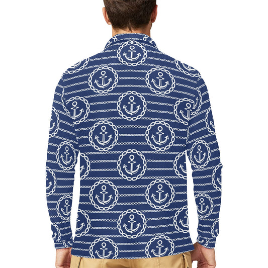 Anchor Stripe Pattern Long Sleeve Polo Shirt For Men's
