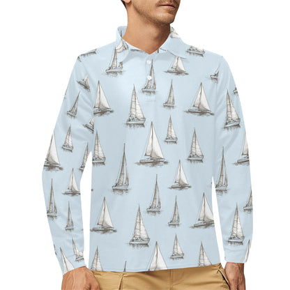 Sailing Ships Pattern Print Design A01 Long Sleeve Polo Shirt For Men's