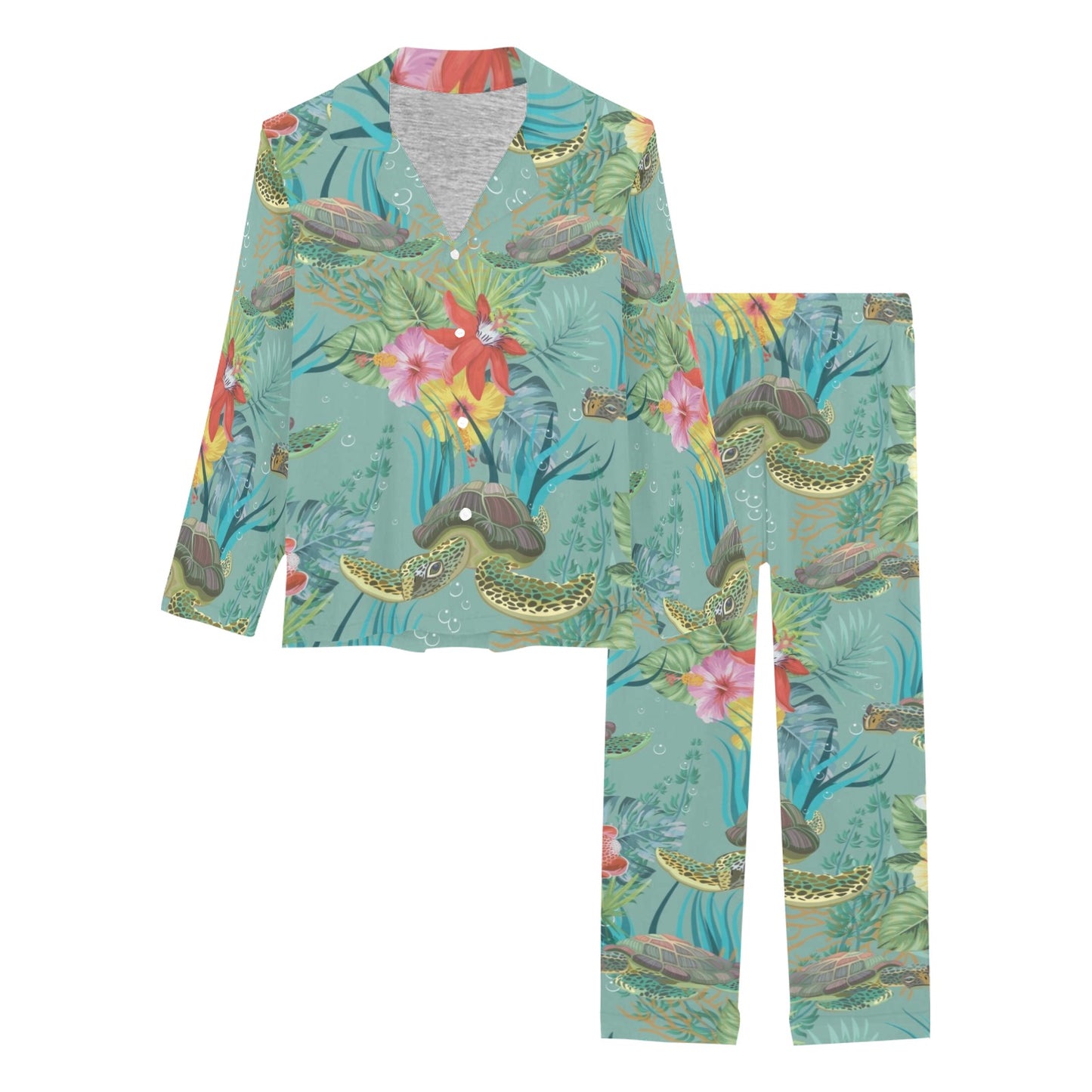 Sea Turtle Pattern Print Design T012 Women's Long Pajama Set