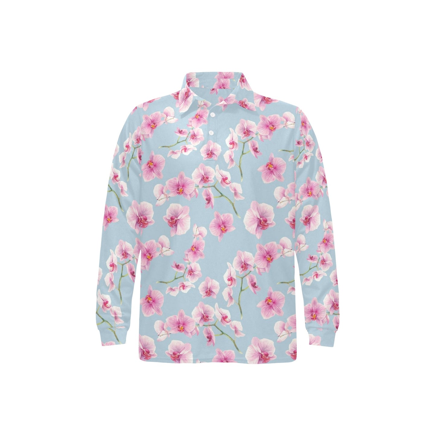 Orchid Pink Pattern Print Design OR01 Long Sleeve Polo Shirt For Men's