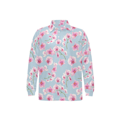 Orchid Pink Pattern Print Design OR01 Long Sleeve Polo Shirt For Men's