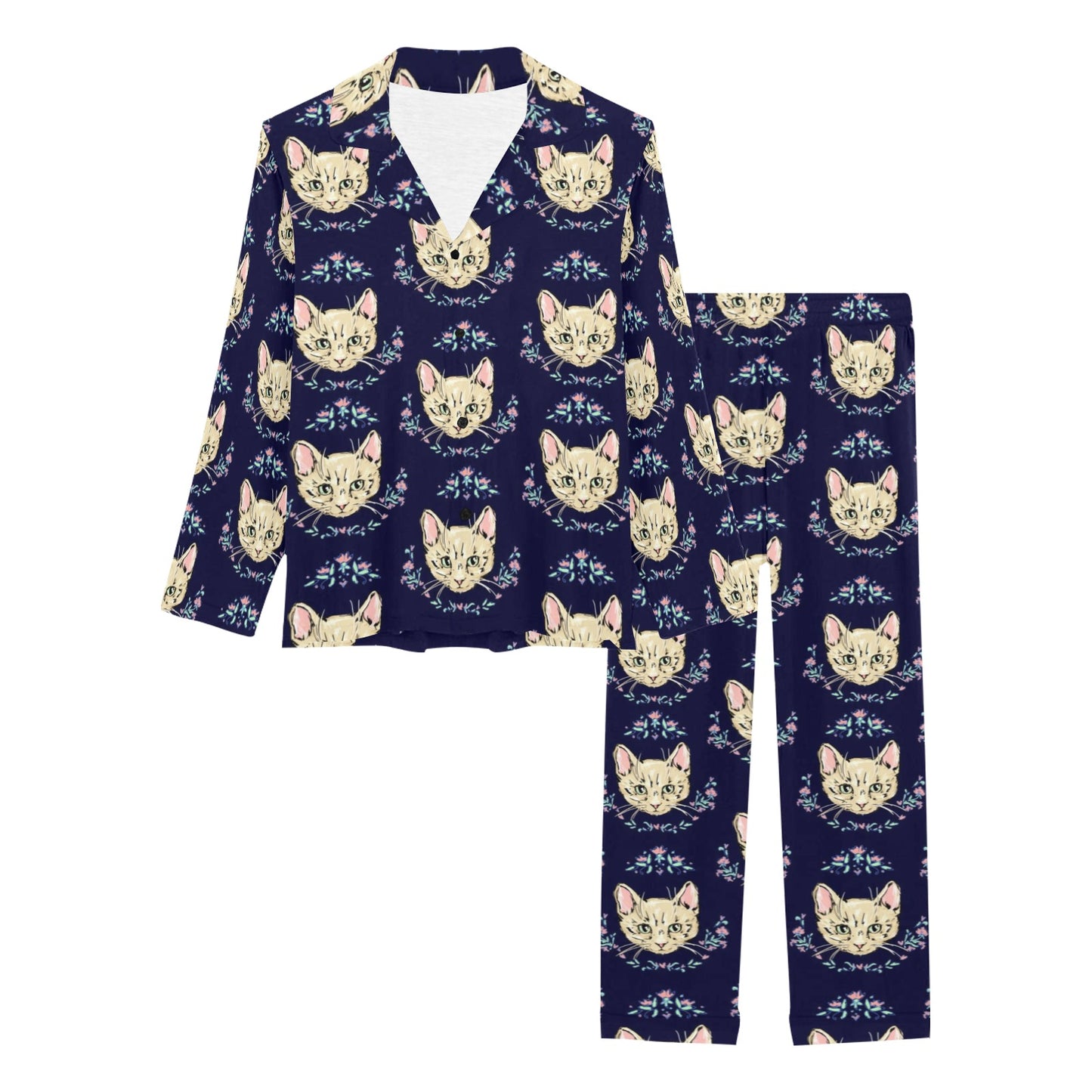 Cat Head with flower Print Pattern Women's Long Pajama Set