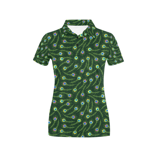 Peacock Feather Green Design Print Women's Polo Shirt