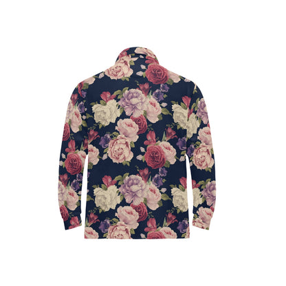 Peony Pattern Print Design PE03 Long Sleeve Polo Shirt For Men's