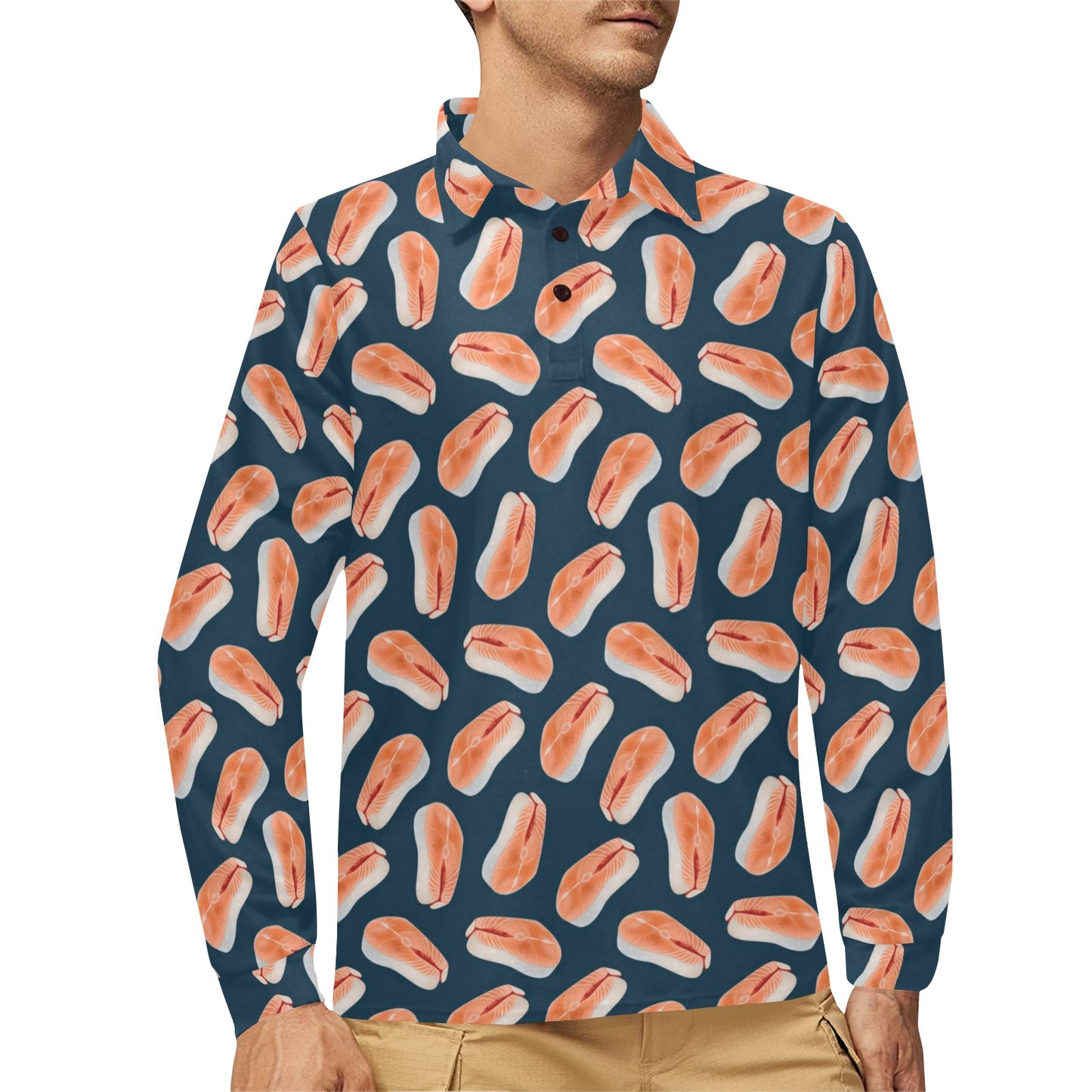 Salmon Steak Print Design LKS306 Long Sleeve Polo Shirt For Men's